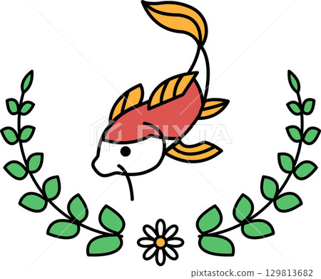 A fish is swimming in a wreath of leaves A fish is swimming in a wreath of leaves 129813682