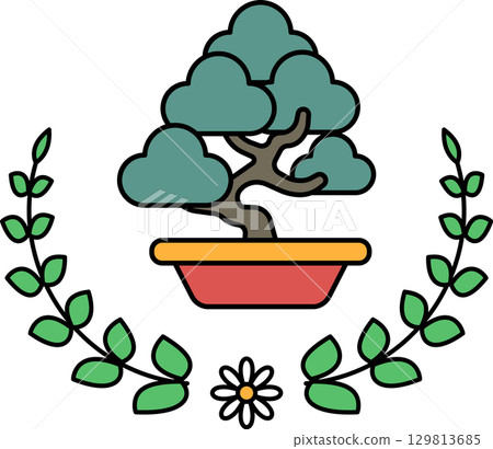 A black and white drawing of a tree with a pot and leaves 129813685