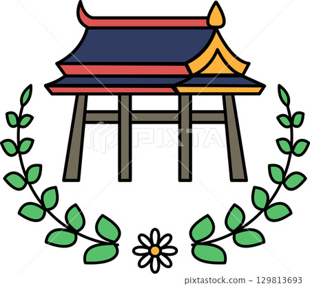 A black and white drawing of a building with a white flower in the middle 129813693