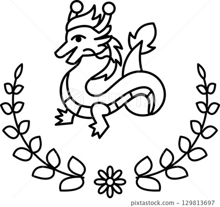 A black and white drawing of a dragon with a crown on its head 129813697