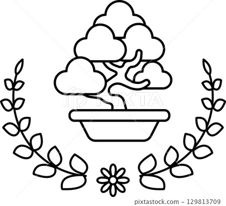 A black and white drawing of a tree with a pot and leaves 129813709