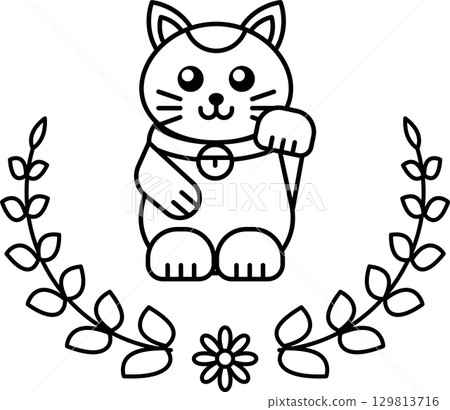 A black and white drawing of a cat with a bell around its neck A black and white drawing of a cat with a bell around its neck 129813716