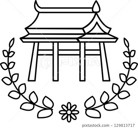 A black and white drawing of a building with a white flower in the middle 129813717