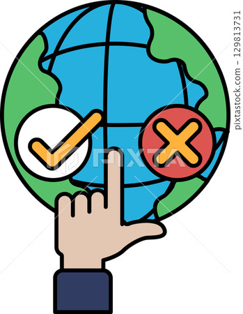 A hand pointing to a globe with a check mark on the left side A hand pointing to a globe with a check mark on the left side 129813731