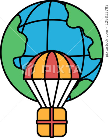 A black and white drawing of a hot air balloon with a globe in the background 129813795