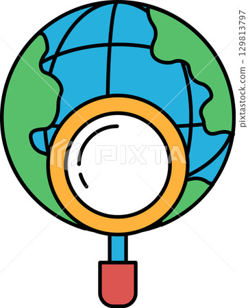 A black and white drawing of a globe with a magnifying glass on it 129813797