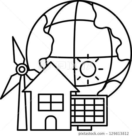 A drawing of a house, a windmill and a globe A drawing of a house, a windmill and a globe 129813812