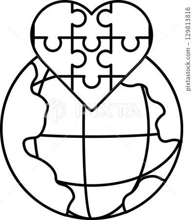 A puzzle piece heart is placed on top of a globe A puzzle piece heart is placed on top of a globe 129813816