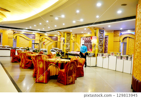 Luxury Banquet Hall Interior with Buffet Setup Luxury Banquet Hall Interior with Buffet Setup 129813945