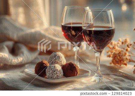 Two glasses of red wine with chocolate truffles 129814023
