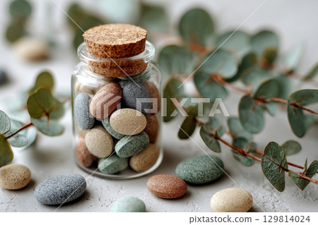 Glass jar with colorful herbal supplement pills 129814024