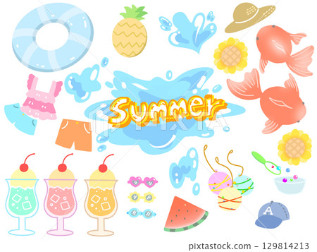 Illustration of a cute summer material set for summer 129814213