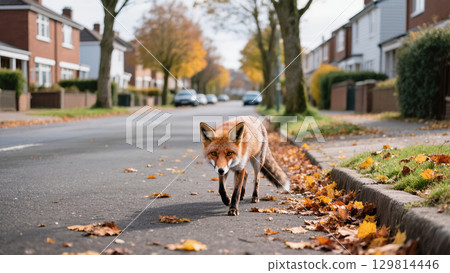 Red fox walking along quiet suburban street covered with fallen autumn leaves on a peaceful fall day in the neighborhood. 129814446