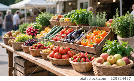 Colorful fresh fruits, vegetables, and herbs displayed in baskets and crates at outdoor farmer's market on a sunny day. Colorful fresh fruits, vegetables, and herbs displayed in baskets and crates at outdoor farmer's market on a sunny day. 129814457