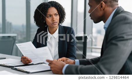 Concerned businesswoman discussing documents with colleague in office 129814464