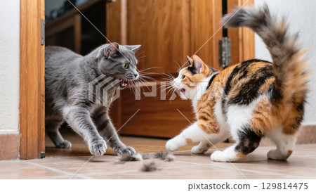 Two angry cats in mid-fight hissing and scratching each other indoors, fur flying during intense feline conflict 129814475
