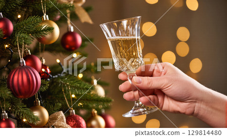 Christmas celebration with hand holding glass of champagne near decorated tree and festive lights in background Christmas celebration with hand holding glass of champagne near decorated tree and festive lights in background 129814480