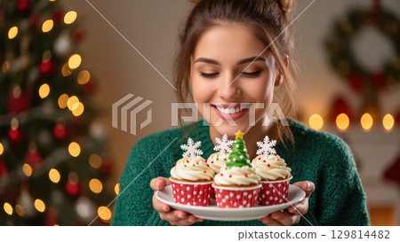 Smiling young woman holding a plate of festive Christmas cupcakes decorated with snowflakes and tree topper in cozy holiday setting 129814482