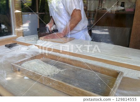Making of Japanese SOBA noodle / The process of cutting Japanese soba noodles Making of Japanese SOBA noodle / The process of cutting Japanese soba noodles 129814555