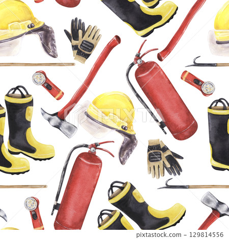 Watercolor seamless pattern with firefighter equipment on white background 129814556