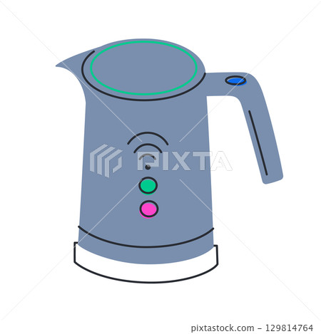 Flat cartoon vector illustration of smart electric kettle with Wi Fi control. Modern kitchen appliance for remote operation, home automation, wireless technology, smart living visuals 129814764