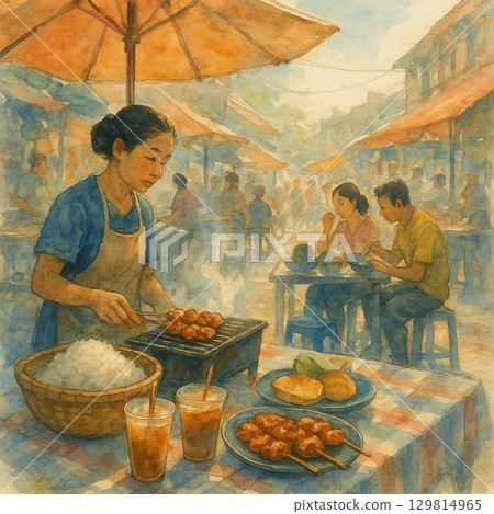 東南亞街頭晚餐電影｜炭火、烤串、冰茶交織的城市聚會人文場景 129814965