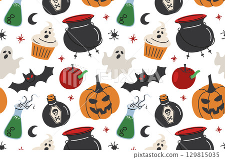 Seamless Halloween pattern in bright doodle style. Pumpkins with carved faces, jack o lanterns, witch cauldrons, bats, ghosts, poison bottles, spooky symbols, festive design for holiday decoration 129815035