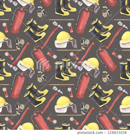 Watercolor seamless pattern with firefighter equipment on dark background 129815036