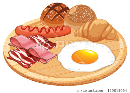 Classic Breakfast Platter with Egg, Bacon, and Pastries 129815064