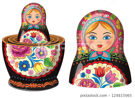 Traditional Russian Nesting Dolls with Floral Patterns 129815065