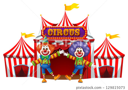 Two Clowns Welcoming Guests at Circus Entrance 129815073