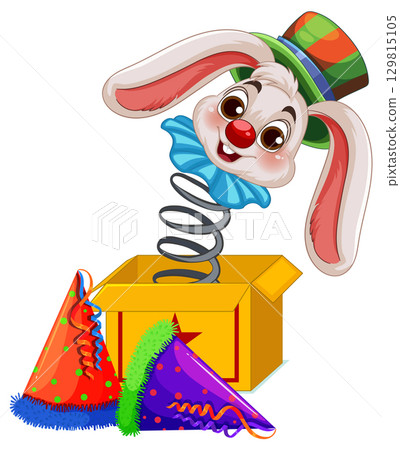 Cartoon Bunny Jack-in-the-Box with Party Hats Cartoon Bunny Jack-in-the-Box with Party Hats 129815105