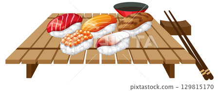 Assorted Nigiri Sushi on Wooden Serving Board 129815170