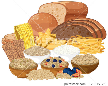 Whole Grain Breads, Pasta, and Cereals Vector Illustration Whole Grain Breads, Pasta, and Cereals Vector Illustration 129815173