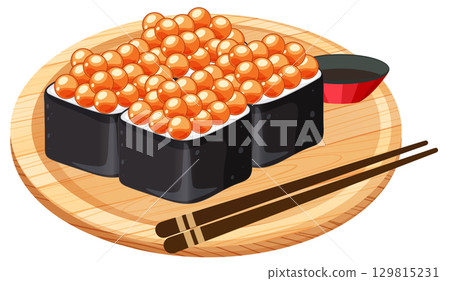 Salmon Roe Sushi on Wooden Platter with Chopsticks 129815231