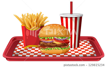 Classic Fast Food Meal with Burger, Fries, and Soda 129815234
