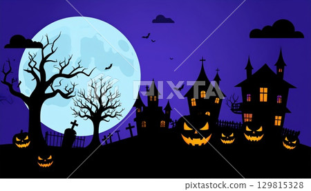 AI Image Halloween Image: Full Moon and Ghost Pumpkin 129815328