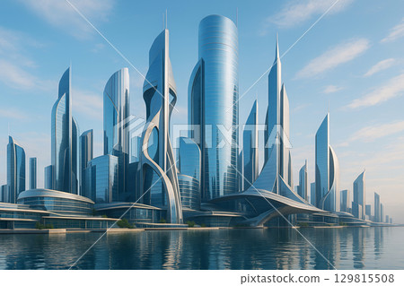 未來主義風格的高層城市景觀沿著海濱延伸 129815508