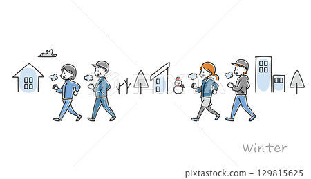 Vector illustration of a man and woman walking in winter 129815625