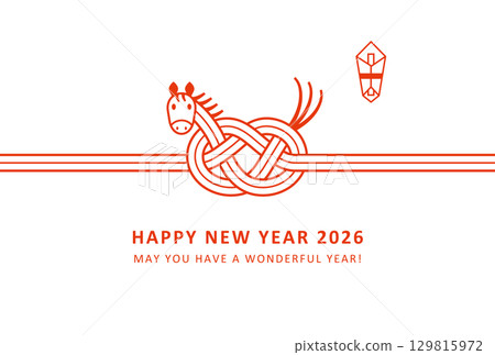 2026新年賀卡設計:可愛的馬水引風格 2026新年賀卡設計:可愛的馬水引風格 129815972