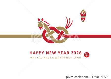 2026 New Year's card design: Red and gold horse mizuhiki style 129815973