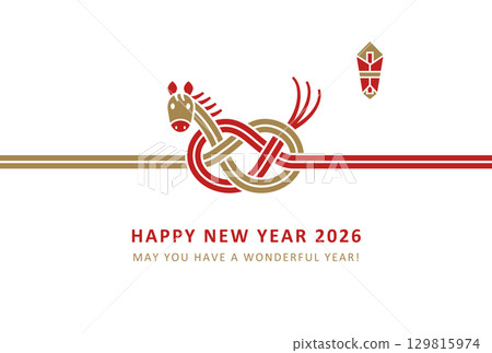 2026年新年賀卡設計:時尚的紅色和金色馬水引風格 2026年新年賀卡設計:時尚的紅色和金色馬水引風格 129815974