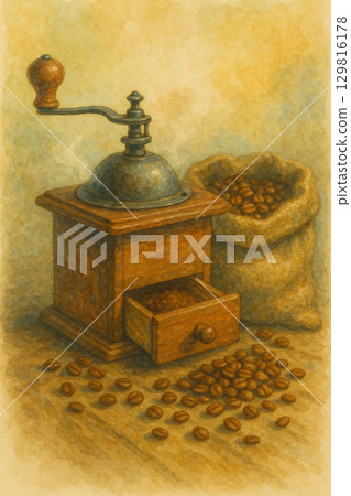 復古手工磨豆機 | 水彩風格豆沙畫 復古手工磨豆機 | 水彩風格豆沙畫 129816178