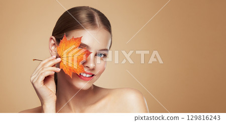 Autumn portrait of beautiful woman with clean fresh skin Autumn portrait of beautiful woman with clean fresh skin 129816243