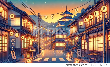 黃昏時分，閃亮的燈籠照亮了東京的街道 129816304