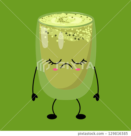 Kawaii Matcha Drink with Frowning Expression Kawaii Matcha Drink with Frowning Expression 129816385