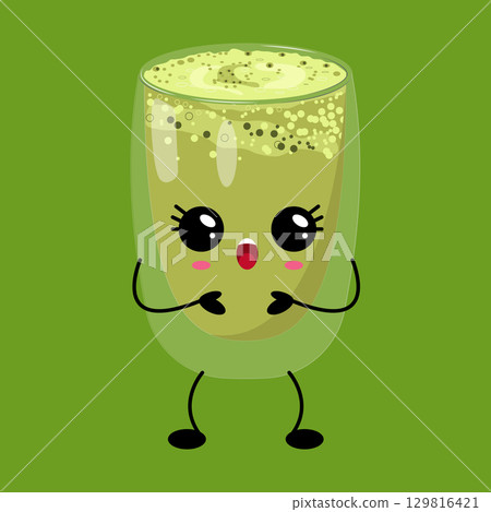 Kawaii Matcha Drink with Smiling Expression Kawaii Matcha Drink with Smiling Expression 129816421