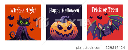 Halloween Card Set with Pumpkins and Bats Halloween Card Set with Pumpkins and Bats 129816424
