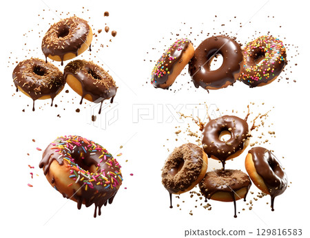 Collection of round donut doughnut, chocolate set, flying falling with sprinkles nuts topping frosting on transparent background cutout, PNG file. Many assorted different. Mockup template for artwork 129816583