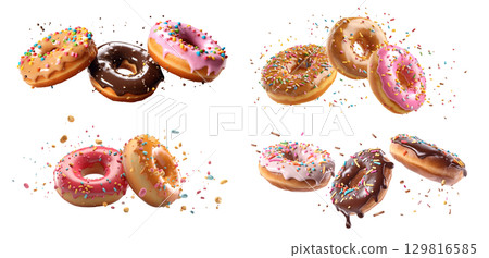 Collection of round donut doughnut, Colourful set, flying falling with sprinkles nuts topping frosting on transparent background cutout, PNG file. Many assorted different. Mockup template for artwork 129816585